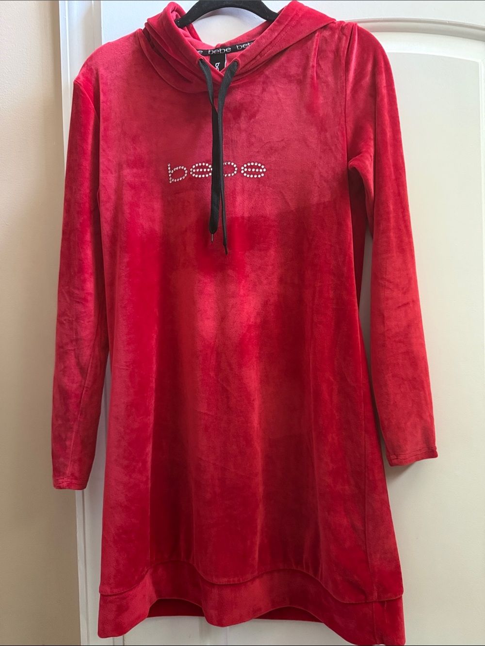 bebe Red Velour Hoodie Dress with Crystal Logo